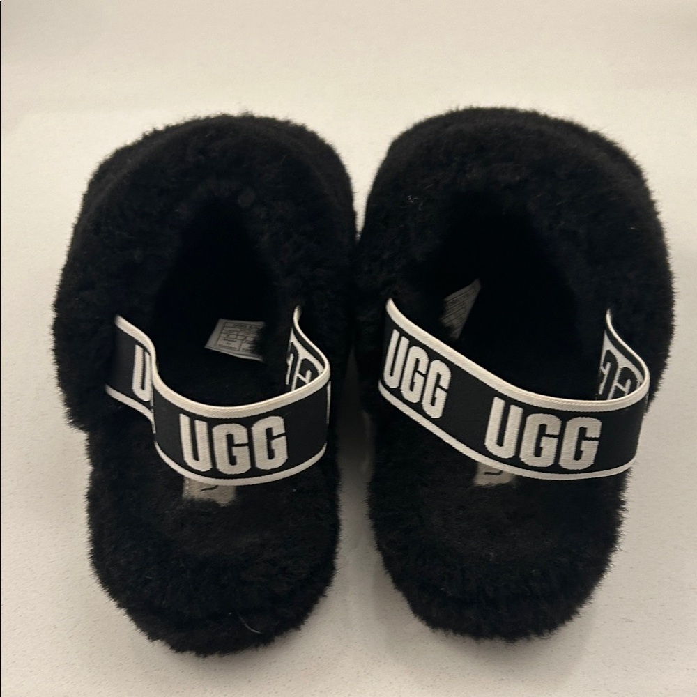 UGG Black Fluffy Slippers with Logo Strap